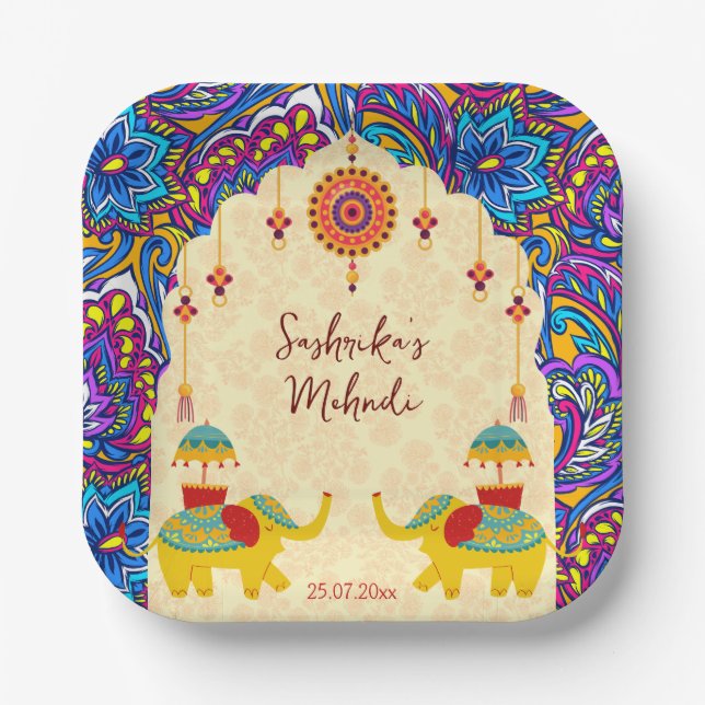 Indische Hochzeitelefanten-Blaumuster personalisie Pappteller (Vorderseite)