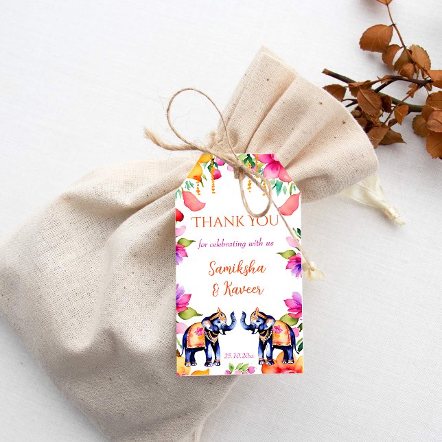 Indische Hochzeitelefanten feiern Blume Dankeschön Geschenkanhänger (Indian wedding elephants thank you favor gift tags modern watercolor colorful elephants flowers)