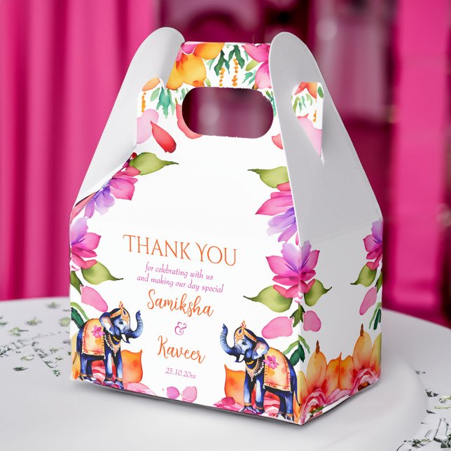 Indische Hochzeitelefanten tanzen Blume Geschenkschachtel (Indian wedding elephants cerise flowers favor box Indian wedding favor box)