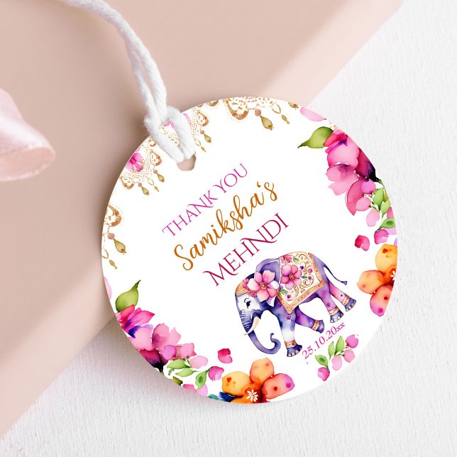 Indische Hochzeitelefantenpink-Blume bevorzugen Geschenkanhänger (Mehndi Indian wedding elephant template favor gift thank you tags cute ornate elephant watercolor)