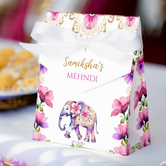 Indische Hochzeitelefantenpink-Blume Geschenkschachtel (Mehndi Indian wedding cute decorated elephant pink flowers Favor Box)