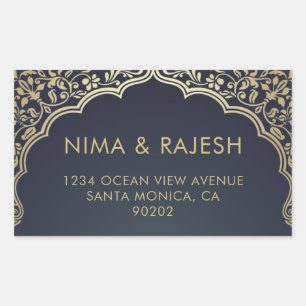Indische Hochzeitsadresse Labels, blau und Gold Rechteckiger Aufkleber