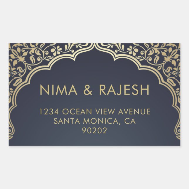 Indische Hochzeitsadresse Labels, blau und Gold Rechteckiger Aufkleber (Vorderseite)