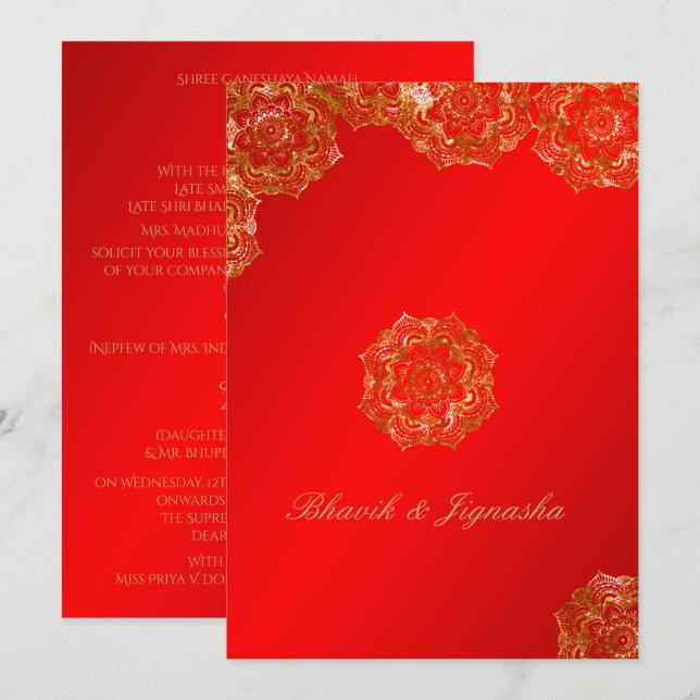 Indische Hochzeitseinladung der Red and Gold Blume Einladung (Vorne/Hinten)
