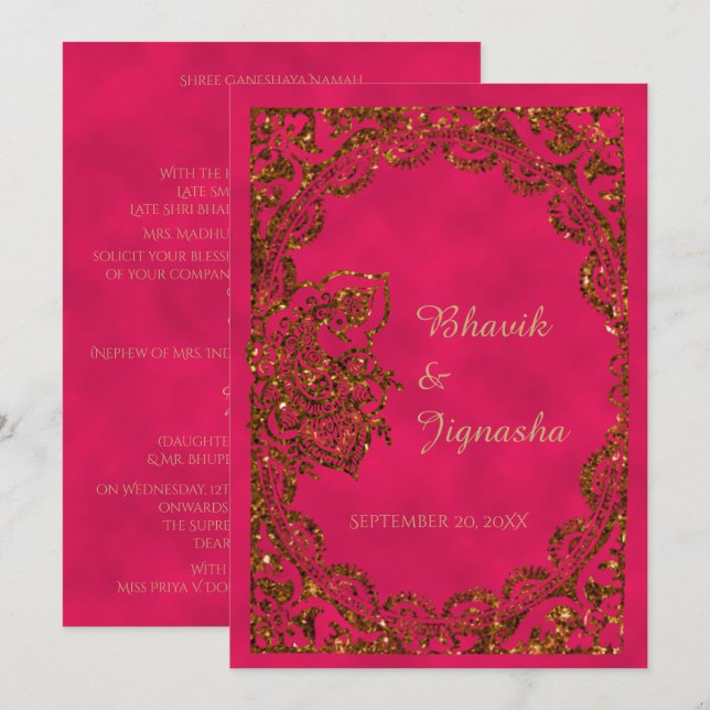 Indische Hochzeitseinladung in Rosa und Gold Peaco Einladung (Vorne/Hinten)