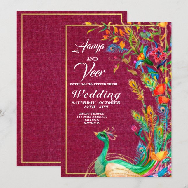 Indische Hochzeitseinladung in Rosa und Gold Peaco Einladung (Vorne/Hinten)