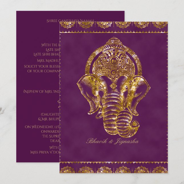 Indische Hochzeitseinladung lila und Gold Glitzer Einladung (Vorne/Hinten)