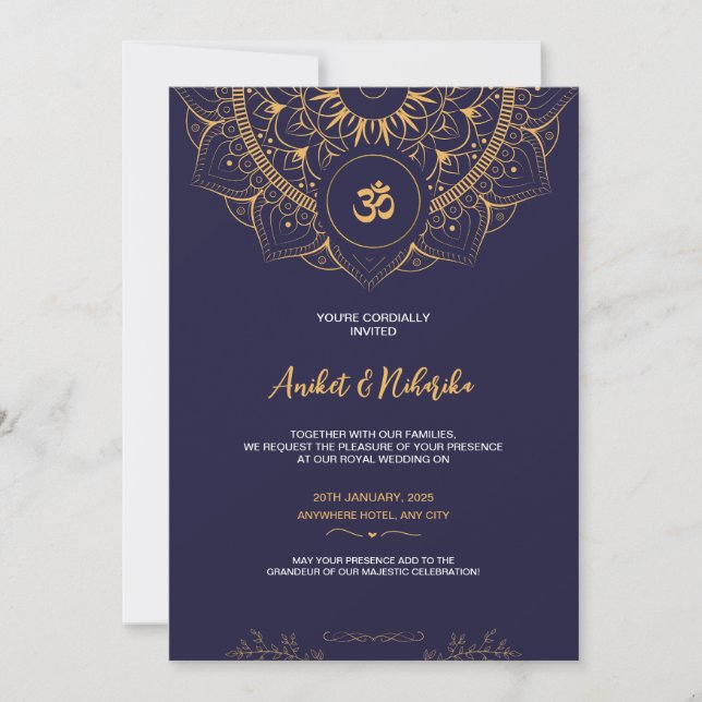 Indische Hochzeitseinladung mit Elegant Blue & Gol Einladung (Vorderseite)