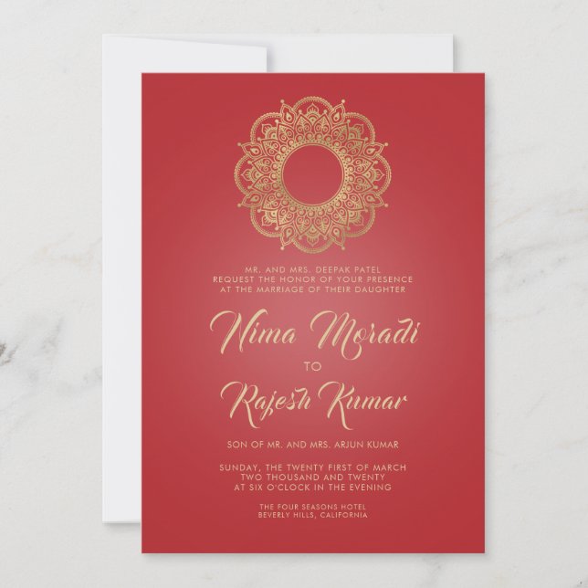Indische Hochzeitseinladung, Red Gold, Mandala Einladung (Vorderseite)