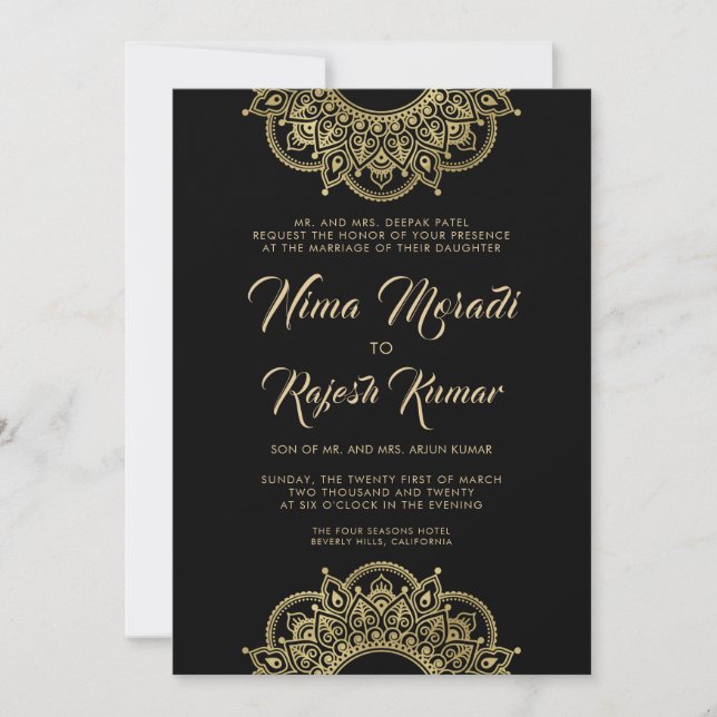 Indische Hochzeitseinladung, Schwarz, Gold, Mandal Einladung (Vorderseite)