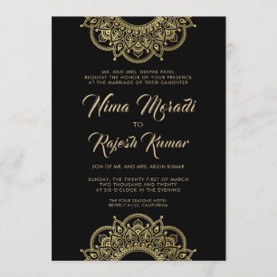 Indische Hochzeitseinladung, Schwarz, Gold, Mandal Einladung
