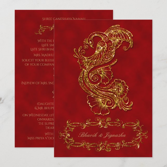 Indische Hochzeitseinladung von Red and Gold Peaco Einladung (Vorne/Hinten)
