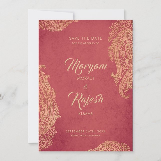 Indische Hochzeitskarte mit Foto, Rot, Gold, Mehnd Save The Date (Vorderseite)