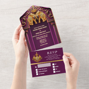 Indische Hochzeitspflaume mit Goldelefanten All In One Einladung