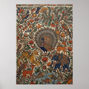 Indische Kalamkari-Volks kunst Pfau Tiger Elefant Poster
