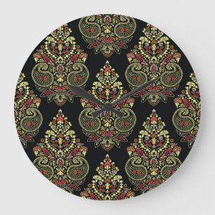 Indische Paisley, geometrischer schwarzer Hintergr Große Wanduhr