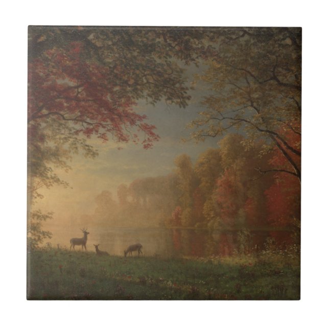 Indische Sonnenuntergang-Rotwild durch einen See Fliese (Vorderseite)