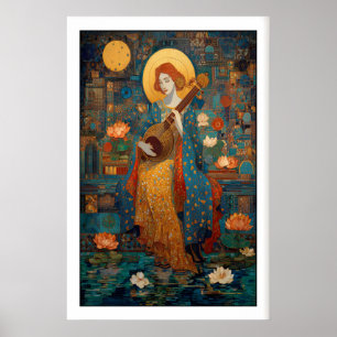 Indische Wandkunst Saraswati Veena Druck, Lotus un Poster