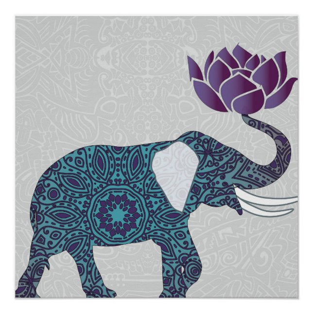 Indischer Elefant Aquamariner und Lila Lotus Poster (Vorderseite)