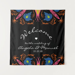 Indischer Elefant Blumen Schwarz Hochzeit Wandteppich