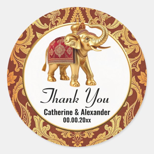 Indischer Elefant Bordeaux Gold Luxus danke Runder Aufkleber (Vorderseite)