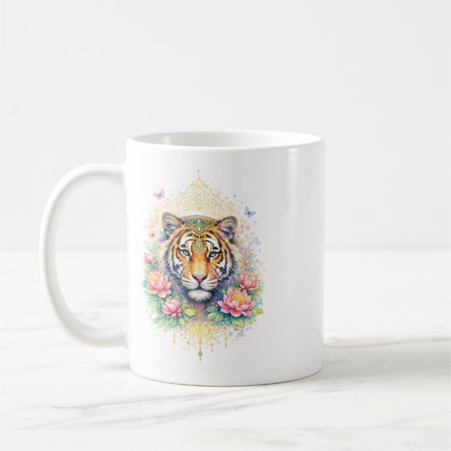 Indischer Frühling - Tiger mit Blumen Kaffeetasse (Links)