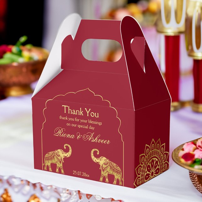 Indischer Hindu Hochzeitmaroon Gold Mandala Elefan Geschenkschachtel (Indian Hindu wedding maroon gold mandala elephant personalized Favor Box)