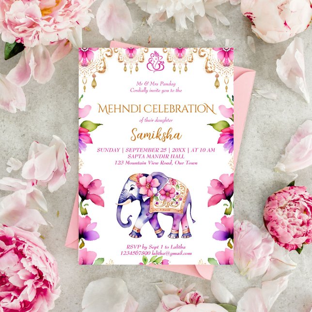 Indischer Hochzeitelefant, pinkfarbene Blume Einladung (Mehndi Indian wedding elephant pink flowers gold ornaments template invitation digital download)