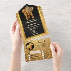 Indischer Hochzeitselefant Luxus schwarz gold chic All In One Einladung