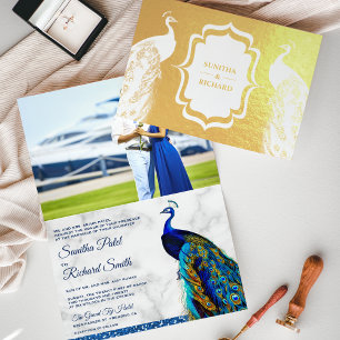Indischer Pfau aus Goldfolie Foto-Hochzeitseinladu Folienkarte