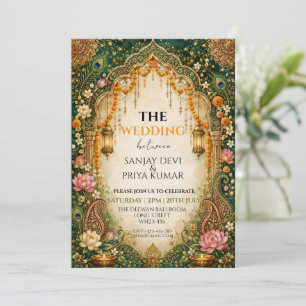 Indischer Pfau Paisley Lotus Mandala Dunkelgrün Einladung