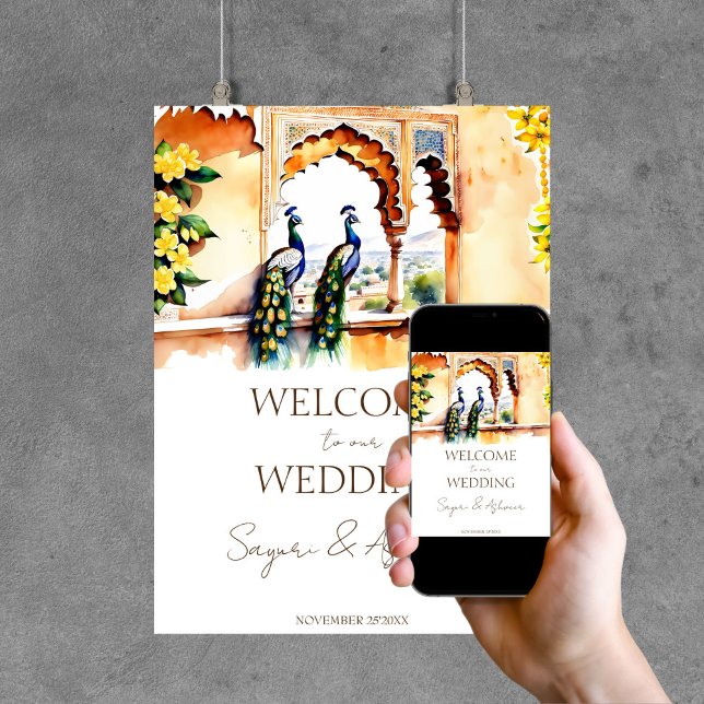 Indischer Pfauenpfau Jaipur-Palast Begrüßungszeich Poster (Indian wedding peacocks at  Jaipur palace customized welcome sign template poster instant download)