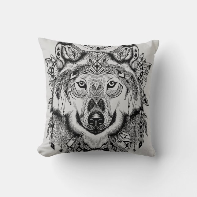 Indischer Stammes- Wolf Kissen (Vorderseite)