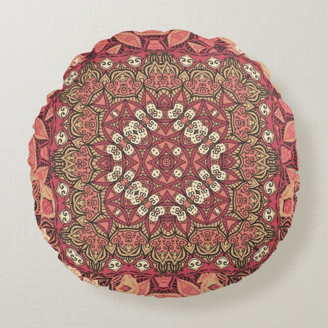 Indisches abstraktes Medaillonmuster. Boho und Sin Rundes Kissen (Vorderseite)