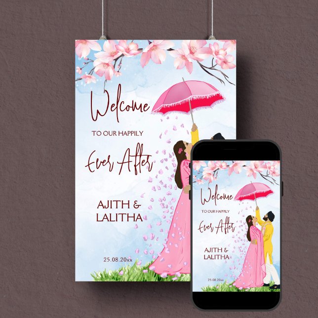 Indisches Begrüßungszeichen mit Regenschirm Poster (Indian wedding welcome sign poster instant download romantic sikh couple umbrella falling petals )