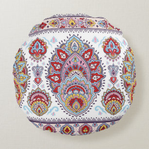 Indisches Blumenpaisley-Medaillon-Muster. Ethnic M Rundes Kissen