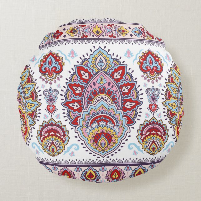 Indisches Blumenpaisley-Medaillon-Muster. Ethnic M Rundes Kissen (Vorderseite)