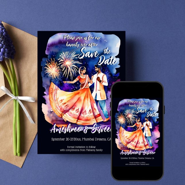 Indisches Hochzeitsdanzpärchen Feuerwerk rett Datu Einladung (Indian wedding save the date template invitation dancing Indian bridal couple fireworks modern )