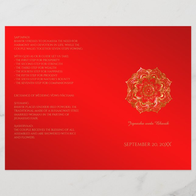 Indisches Hochzeitsprogramm für Rote und Gold-Blum (Vorderseite)
