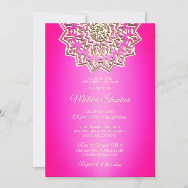 Indisches Mandala Hot Pink Gold Brautparty Einladung (Vorderseite)