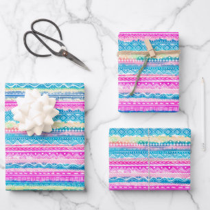 Indisches Muster in Rosa und Blau Geschenkpapier Set