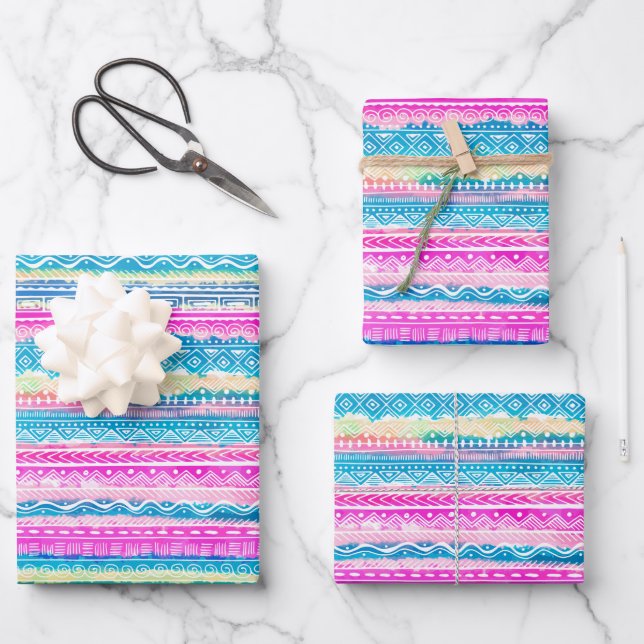 Indisches Muster in Rosa und Blau Geschenkpapier Set (Vorderseite)