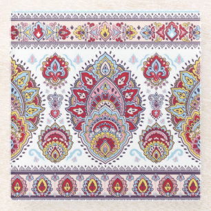 Indisches Paisley-Blumenmuster, ethnisches Medaill Glasuntersetzer
