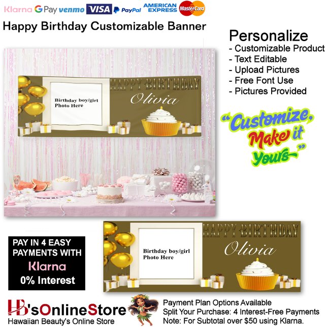 individualisierbares Happy Birthday Banner 5 (Happy Birthday Gold Party Supplies Celebrate Cupcake Presents 5.)