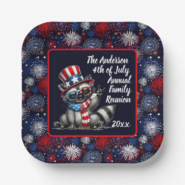 Individualisierbares Patriotisches Raccoon 4. Juli Pappteller (Vorderseite)