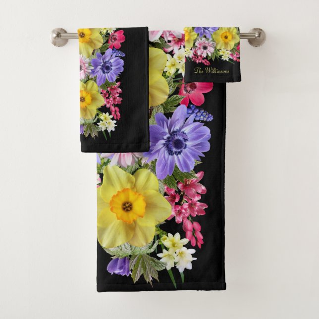 Individualisieren Sie elegante Black Floral Anemon Badhandtuch Set (Insitu)