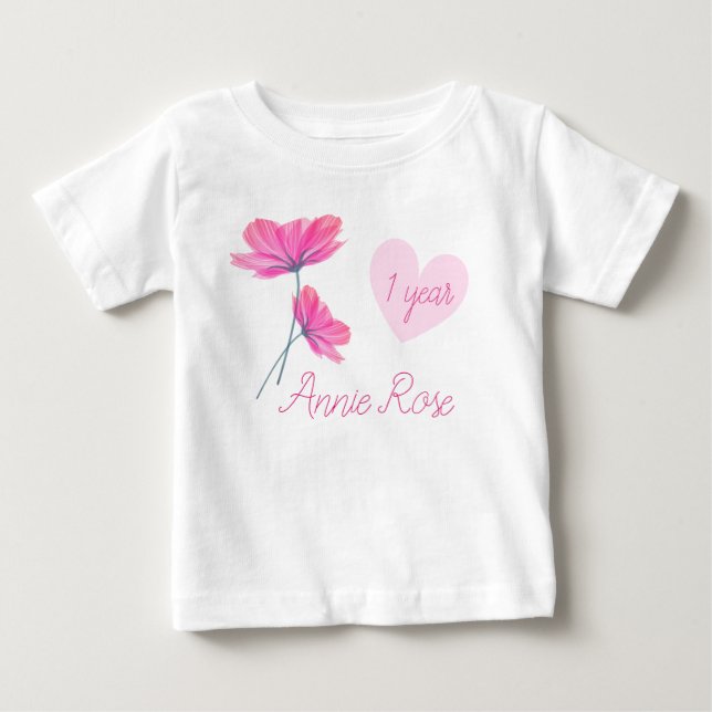 Individuell anpassbare Niedlich- & Girly-Blume 1 J Baby T-shirt (Vorderseite)