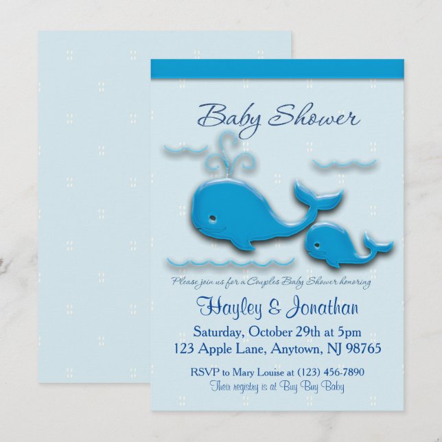 Individuell anpassbare Paare Whale Baby Dusche Einladung (Vorne/Hinten)