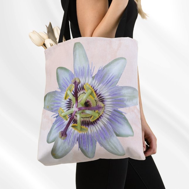 Individuell anpassbare Passion Blume Schulter-Tasc Tasche (Purple and white passion flower shoulder bag with pink watercolor effect background. Customizable.)