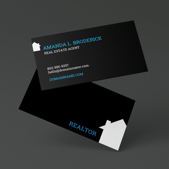 Individuell anpassbare Real Anwesen Simple House L Visitenkarte (Modern bold black business card for real estate agent featuring a white house silhouette.)